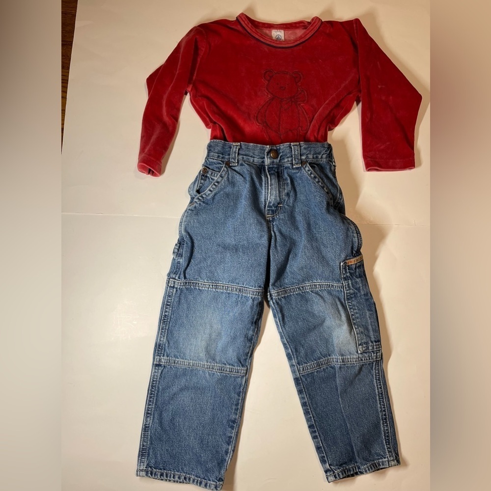 Kids outfit jeans and teddy shirt size 4 petit bateau / Oshkosh